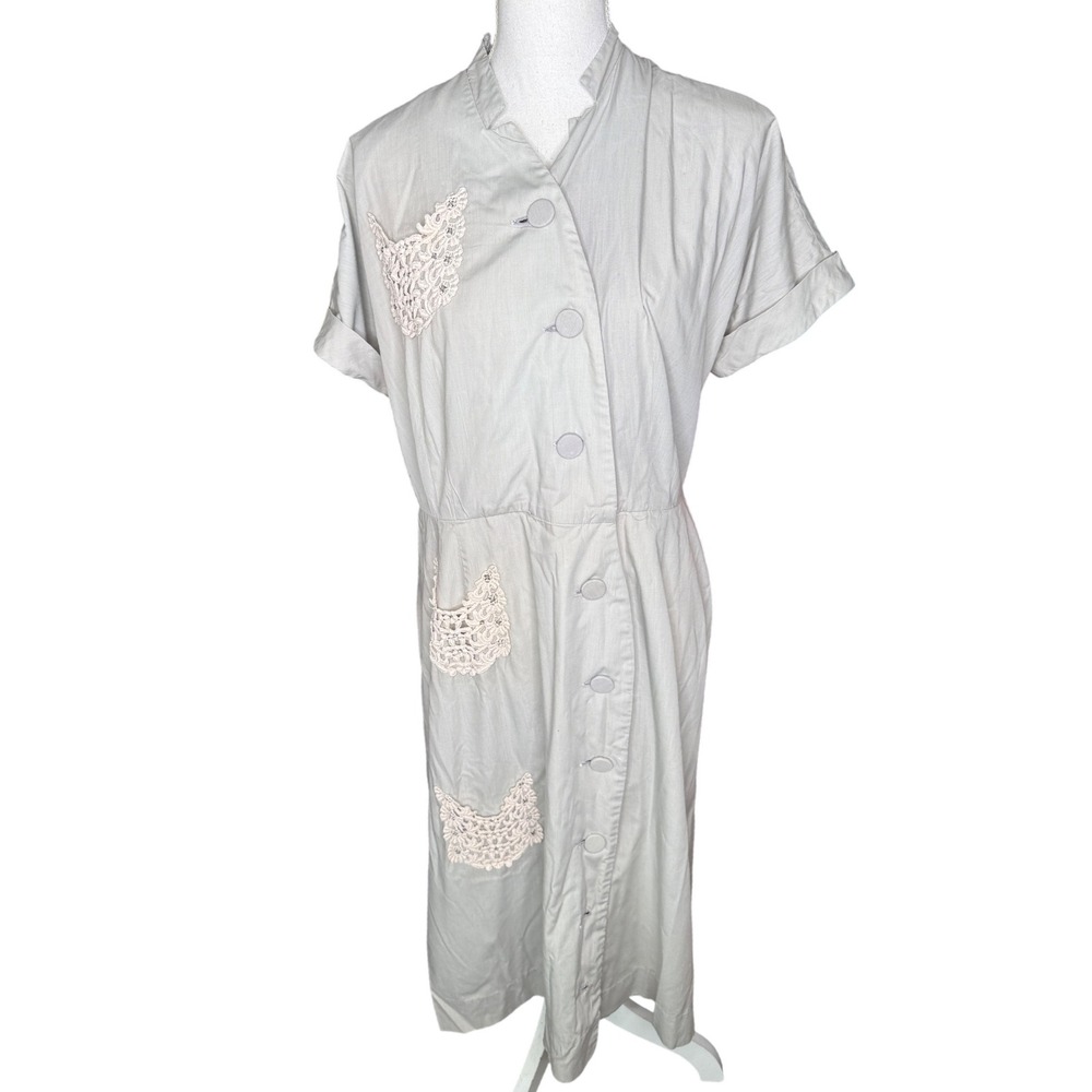 Vintage Manford 40s 50s Gray Cotton House Dress Crochet Lace Rhinestone Midi